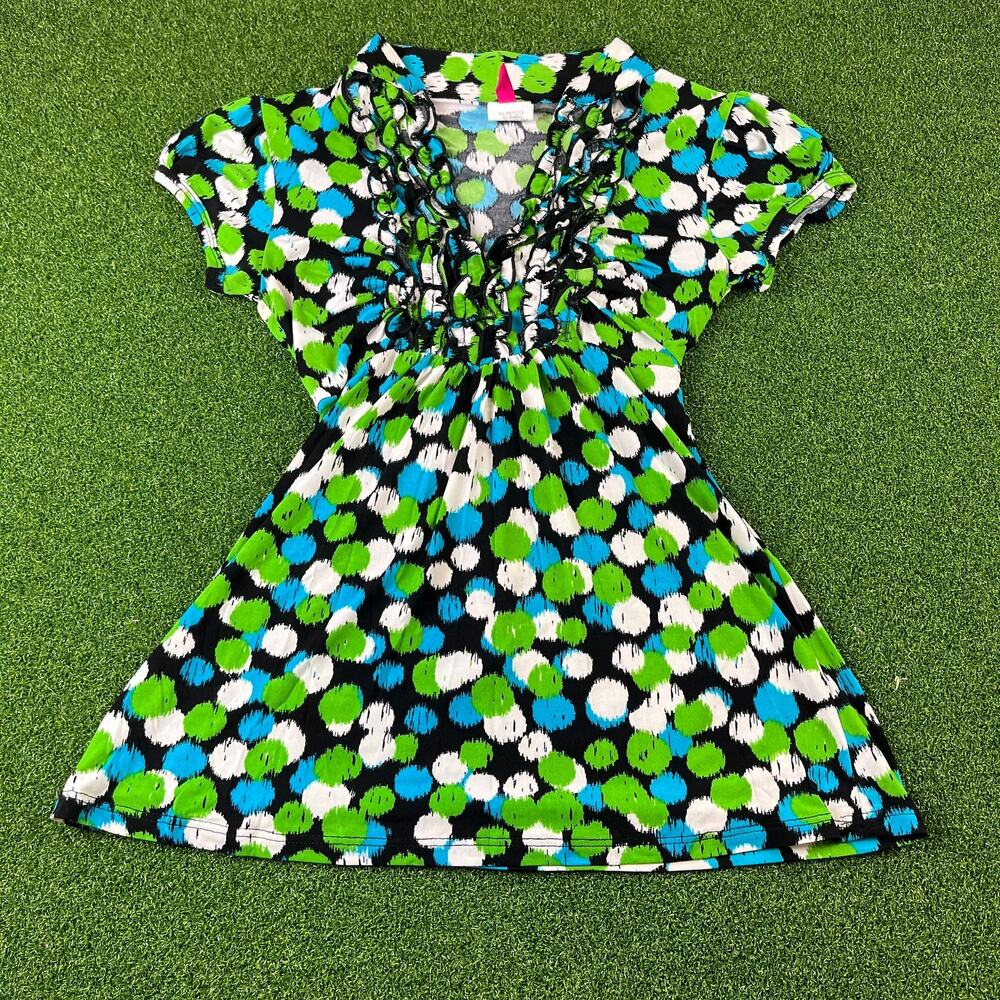 Heart Soul Polka Dot Ruffle V-Neck Empire Waist Tunic Dress Green Blue Medium